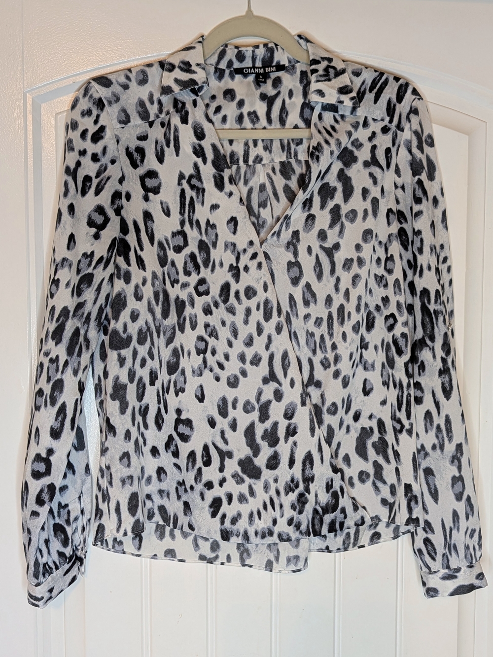 Gianni Bini White and Black Leopard Print Faux Wrap Front Long Sleeve Top